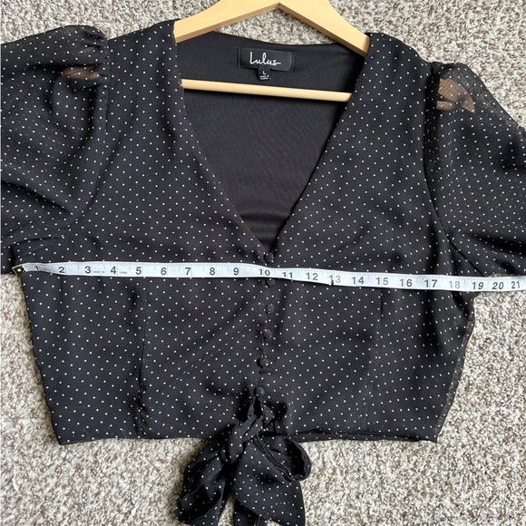 Lulu’s Black Cream Polka Dot Tie Cropped Blouse Puff Sleeve Casual Formal Large - Picture 5 of 6